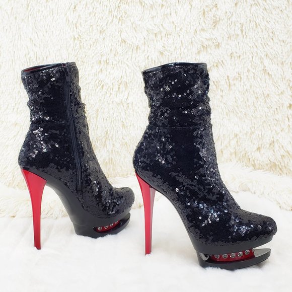 Pleaser Sexy Black Sequin Red High Heel Slouch Ankle Boots Blondie 1009 - Picture 3 of 15